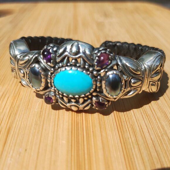 Carolyn Pollack Sterling Multi Gemstone Turquoise Braided Leather Hinge Bracelet - Picture 1 of 9